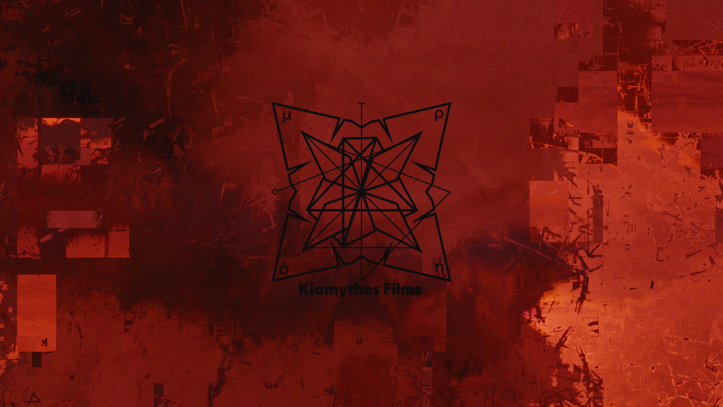 Abstract red Kiamythos Films image with glitch texture and geometric logo.